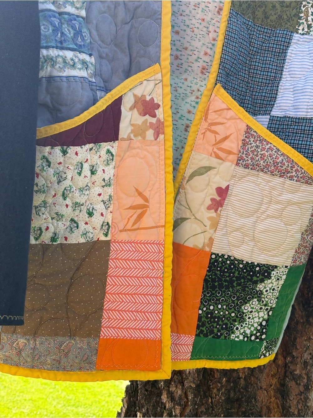 Handmade Patchwork Quilted Jacket with Yellow Trim/Jean material on the sleeves - Picture 5 of 11